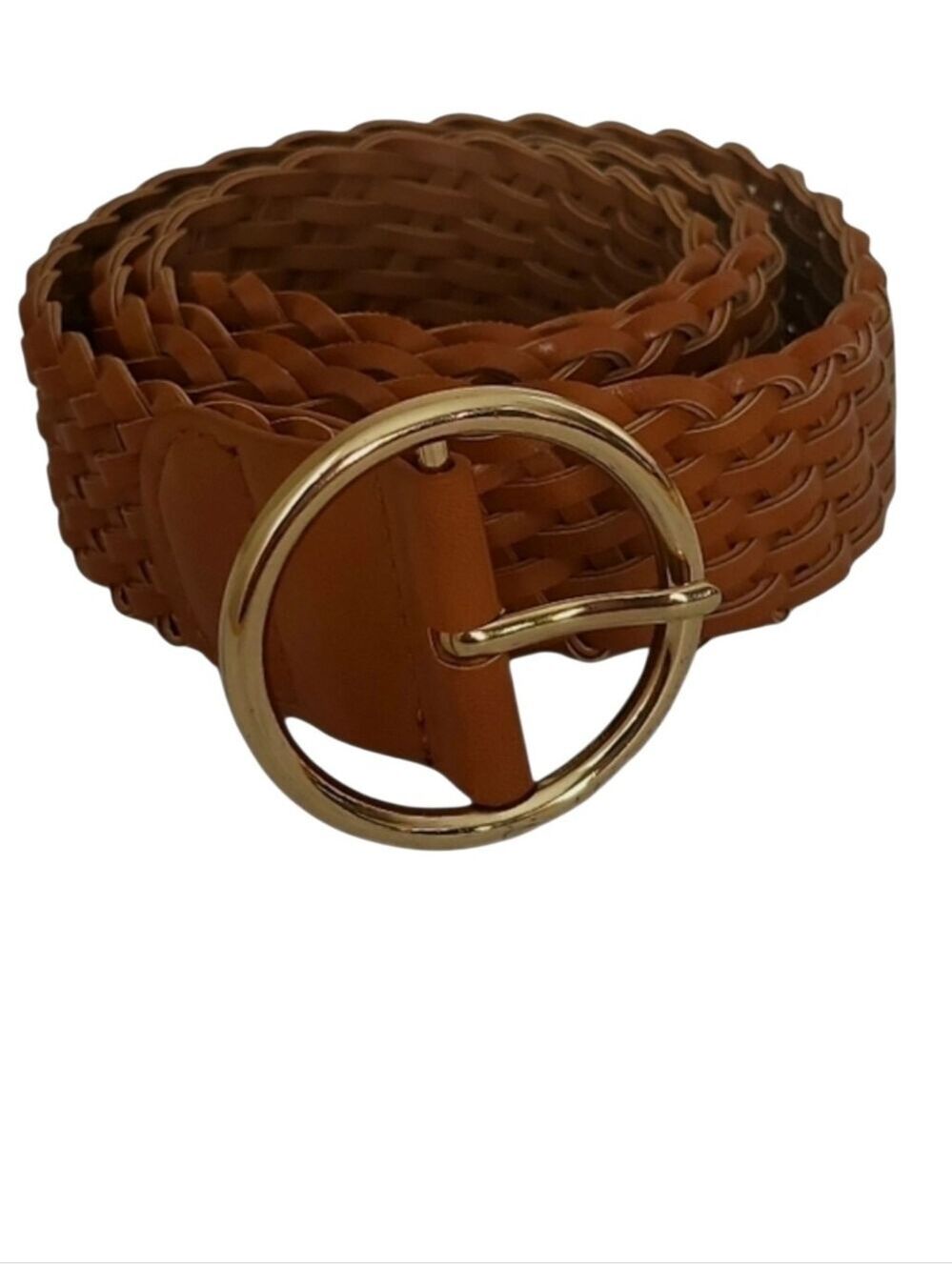 Brown Vegan Leather Braided Belt Bright Goldtone Buckle M/L